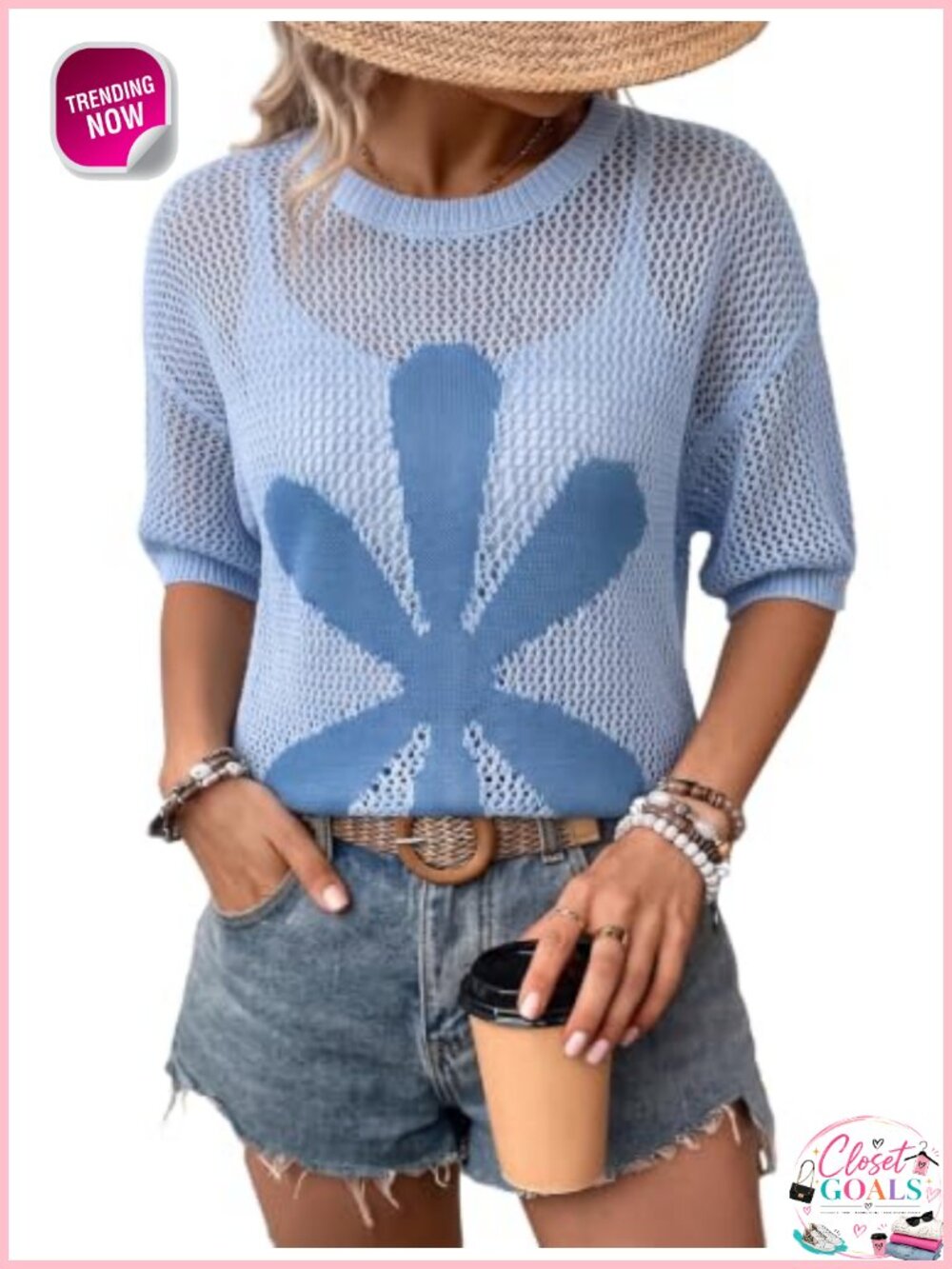Crochet Hollow Out Short Sleeve Knit Top Beach Coverup